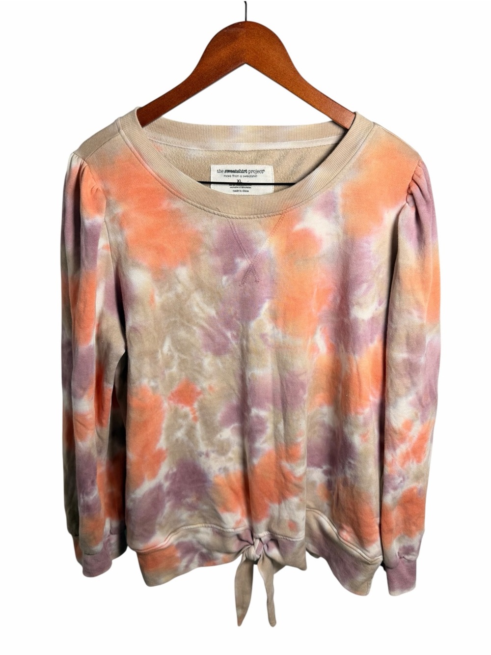 Tie-Dye Crewneck Sweatshirt with Front Tie - Peach & Lavender XL